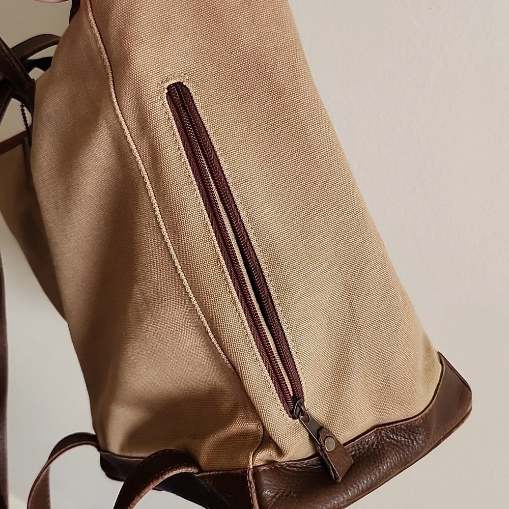 Ellington Unisex Sling Assistant Backpack Khaki Canvas/Brown leather Trim